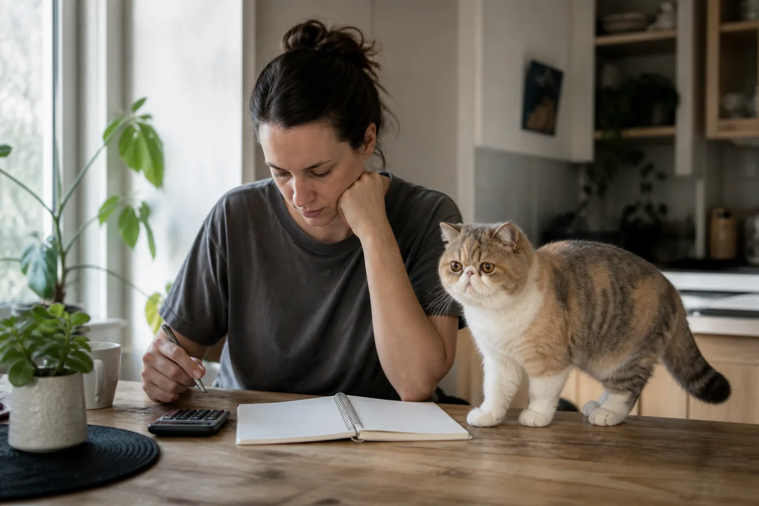 Prospective owner reviewing an Exotic Shorthair budget beside a calm adult cat