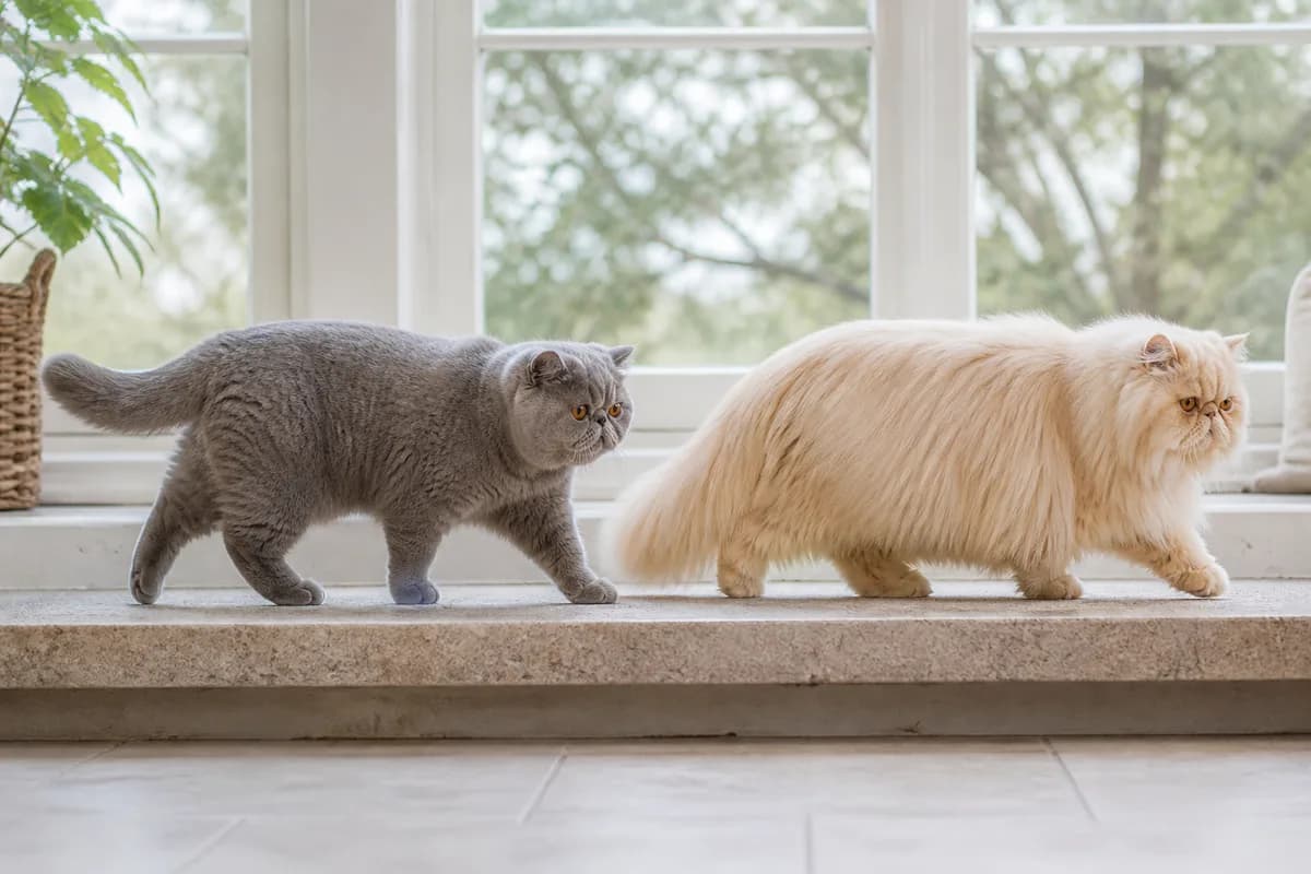 Exotic Shorthair and Persian walking across a low platform showing a shared cobby body type and different coat silhouettes