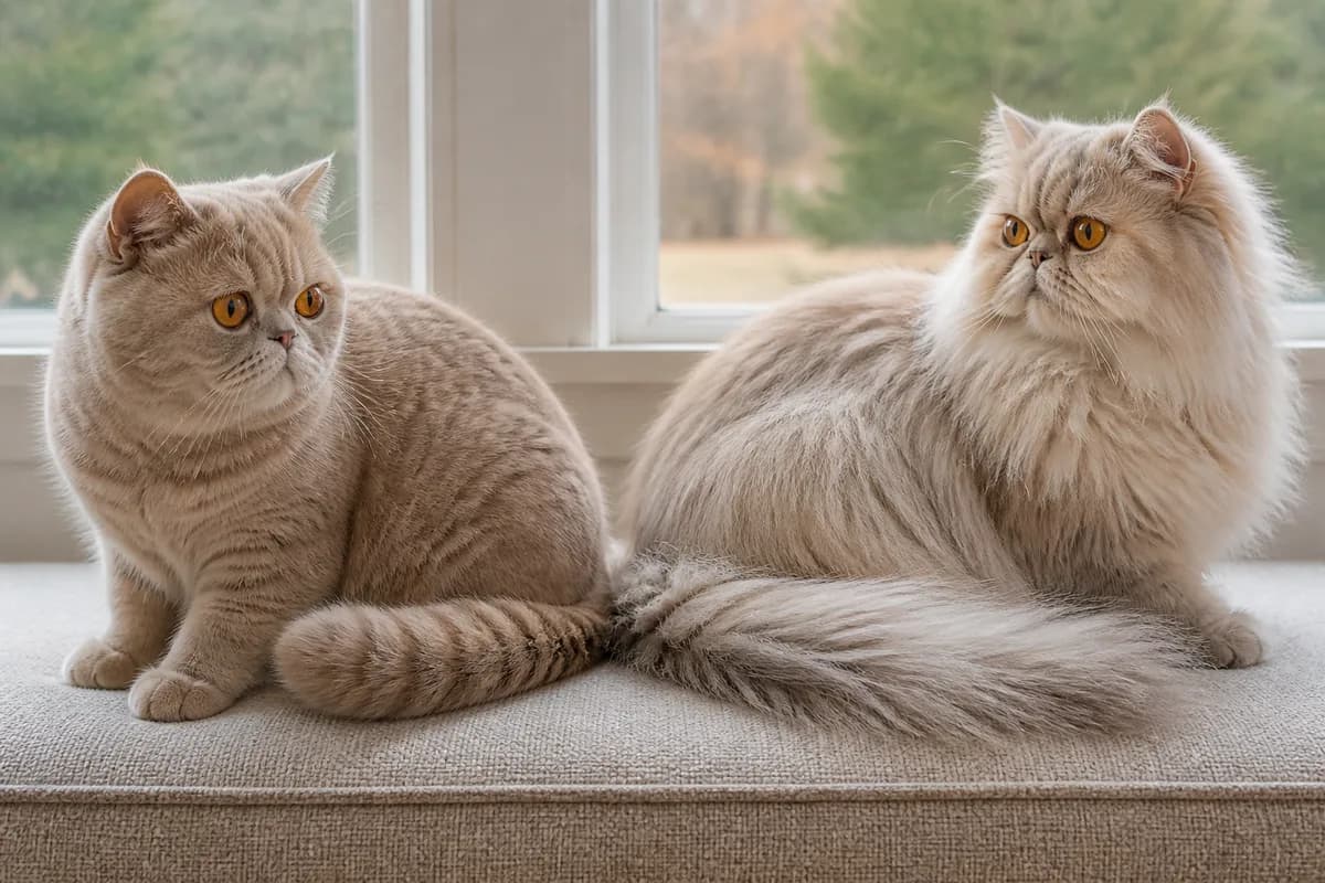 Relaxed Exotic Shorthair and Persian side by side showing short dense and long flowing coat lengths