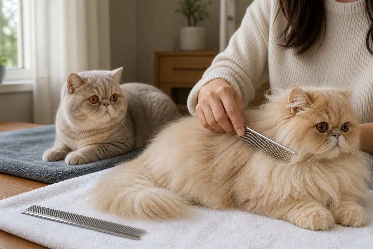 Owner using separate appropriate combs while a Persian and Exotic Shorthair rest nearby