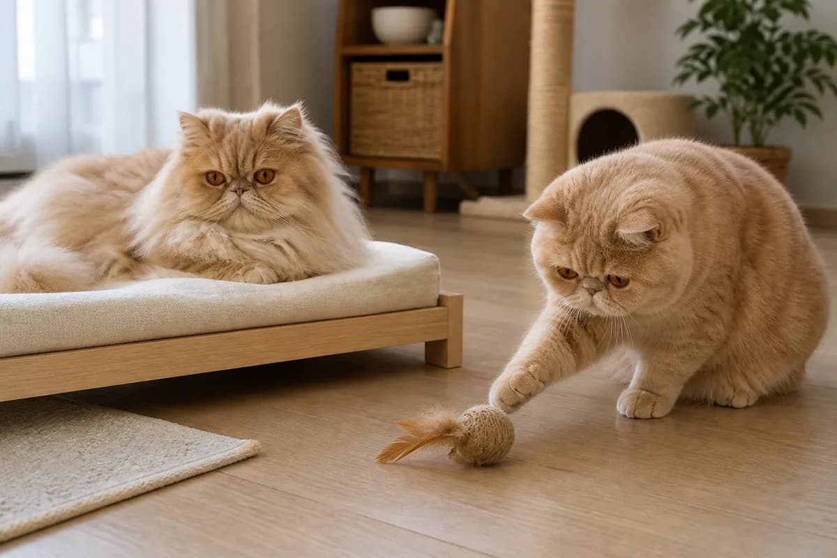 Persian resting on a low bed while an Exotic Shorthair engages with a gentle floor toy in the same home