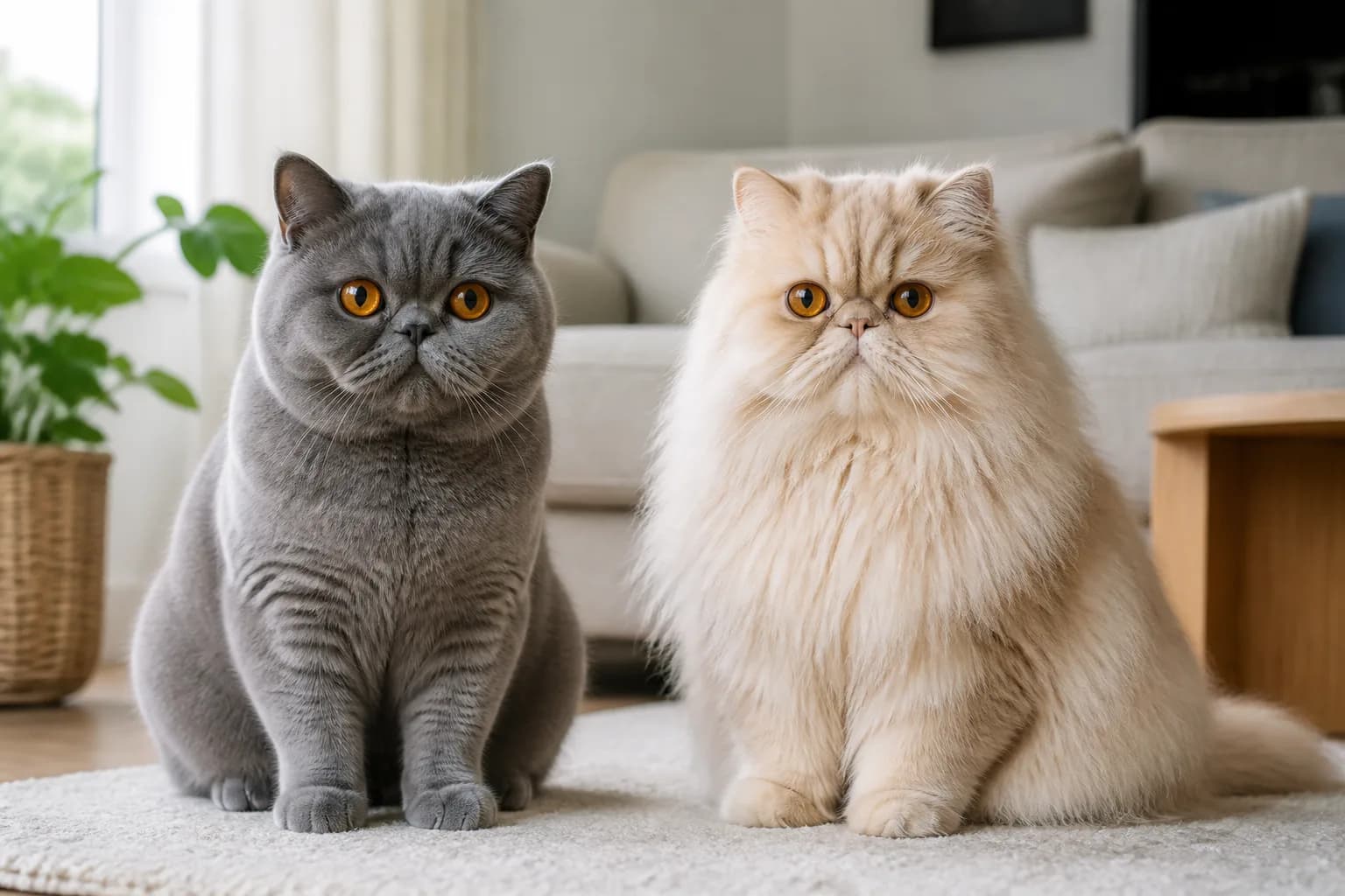 Adult Exotic Shorthair and adult Persian sitting side by side in the same natural-light room