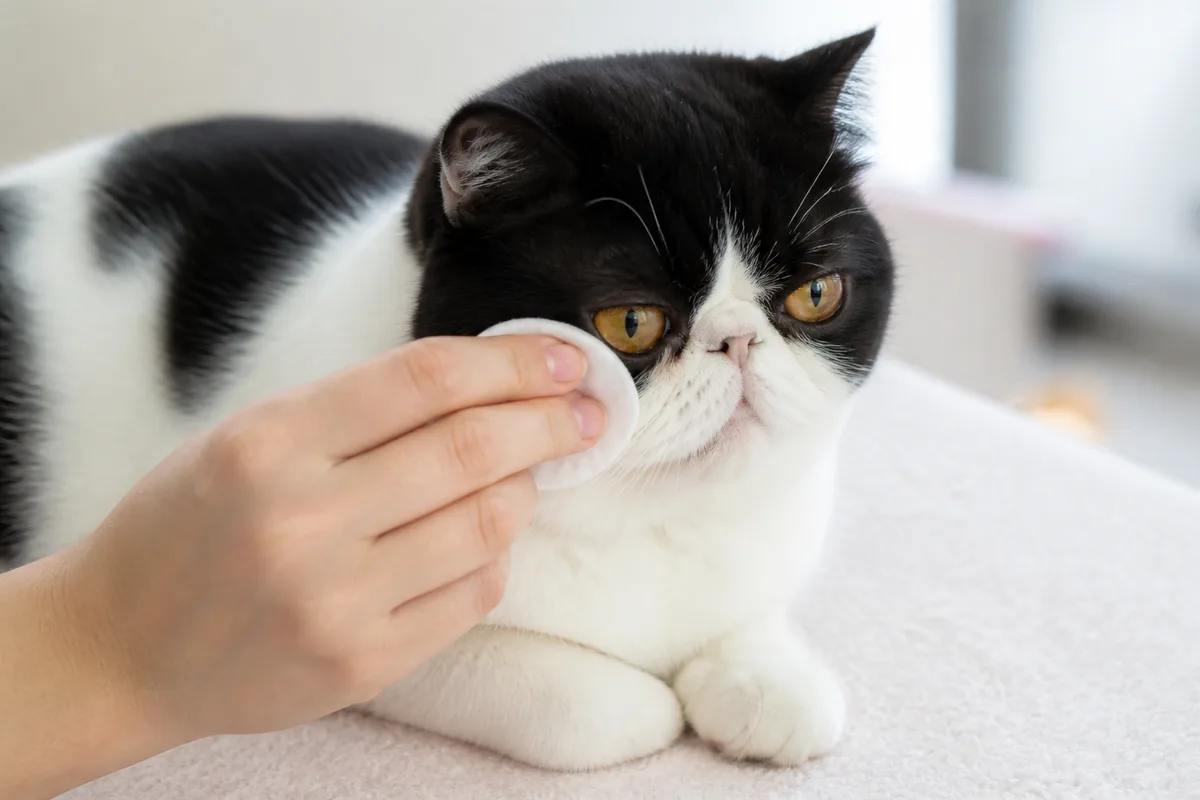 Owner gently wiping the fur below an Exotic Shorthair eye with a soft damp pad while the cat remains unrestrained