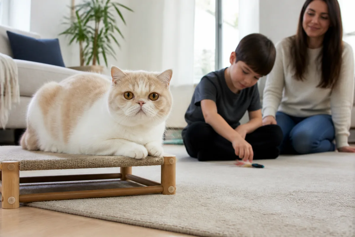 Exotic Shorthair resting on a low perch while a calm older child plays nearby under adult supervision