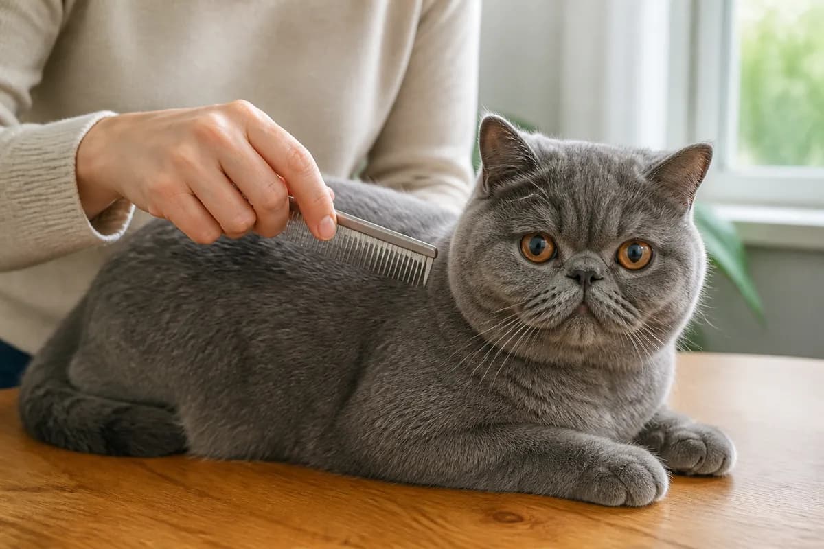 Owner gently combing the short dense plush coat of a relaxed Exotic Shorthair