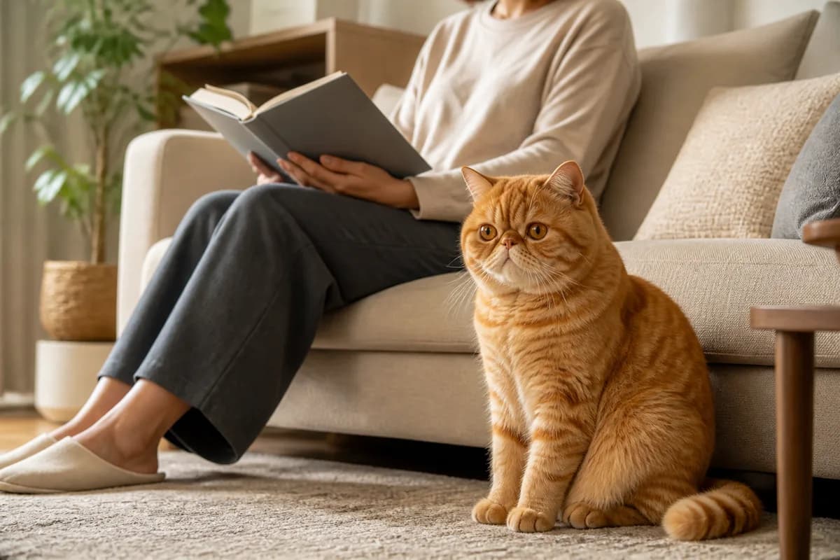 Exotic Shorthair choosing to sit beside an adult reading in a calm living room