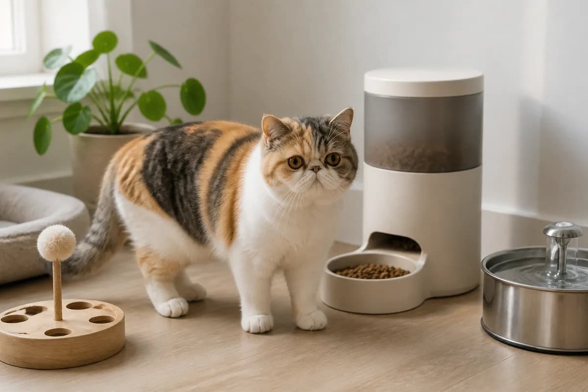 Exotic Shorthair beside a measured automatic feeder, separate stainless steel fountain, and low-impact play setup