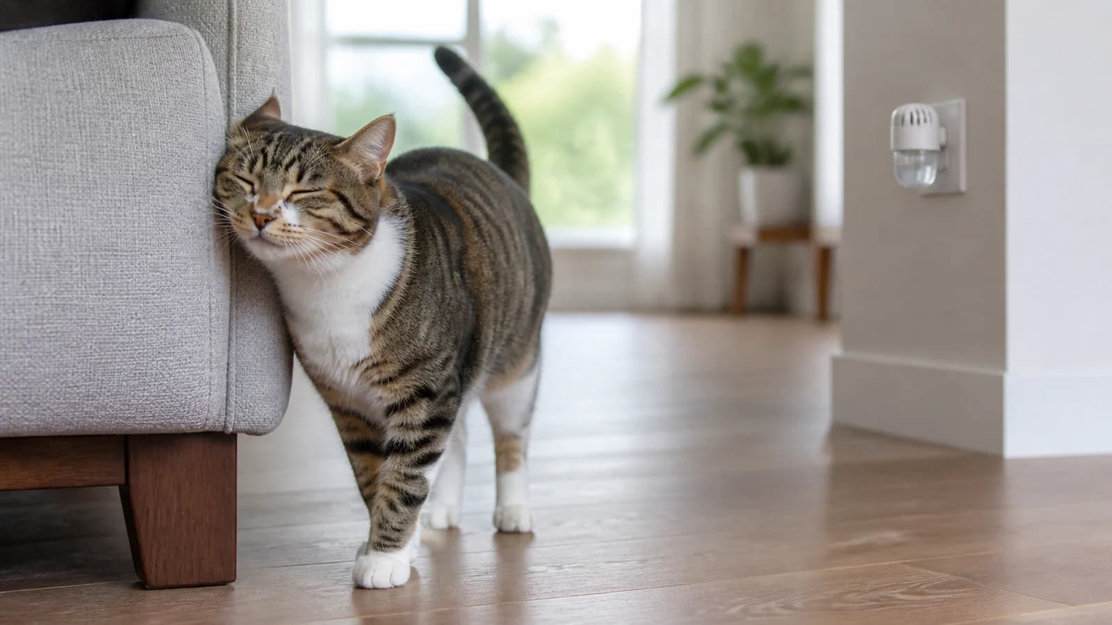 Cat rubbing its cheek on familiar furniture near an unbranded plug-in diffuser