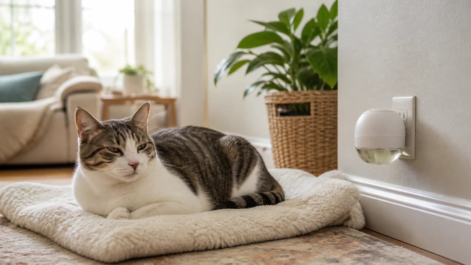 Relaxed cat resting near an unbranded plug-in diffuser in a bright living room