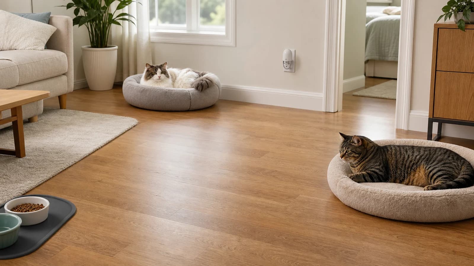 Two cats resting at a comfortable distance with separate resources in a calm room