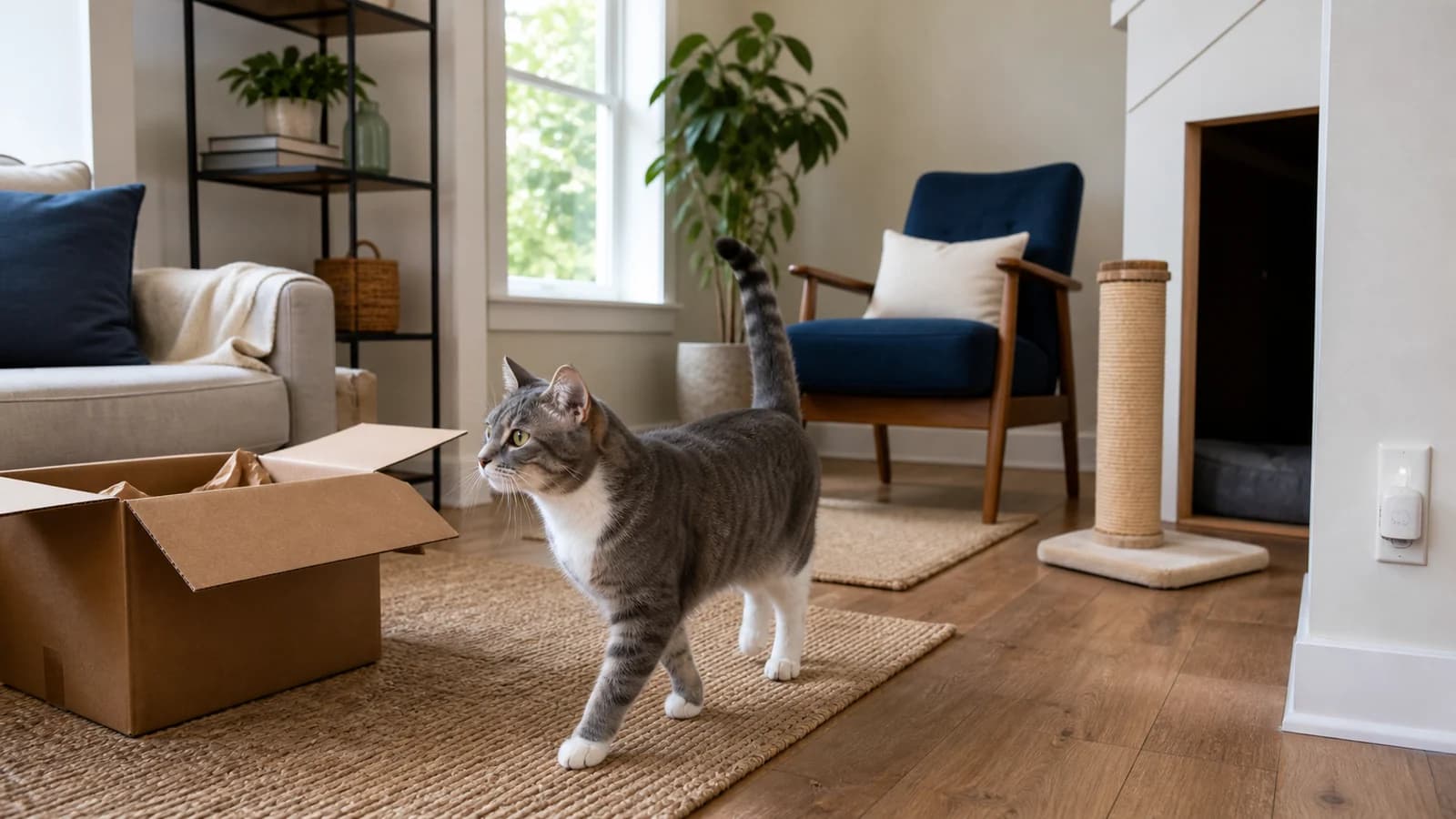 Cat calmly exploring a changed home environment near an unbranded plug-in diffuser