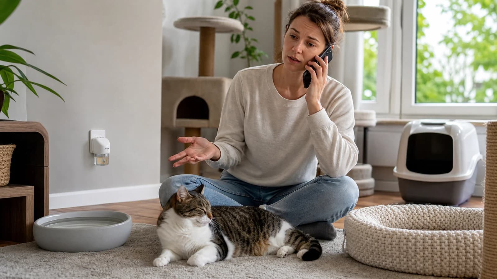 Caregiver seeking veterinary guidance by phone while a calm cat rests in a resource-rich room with an unbranded diffuser