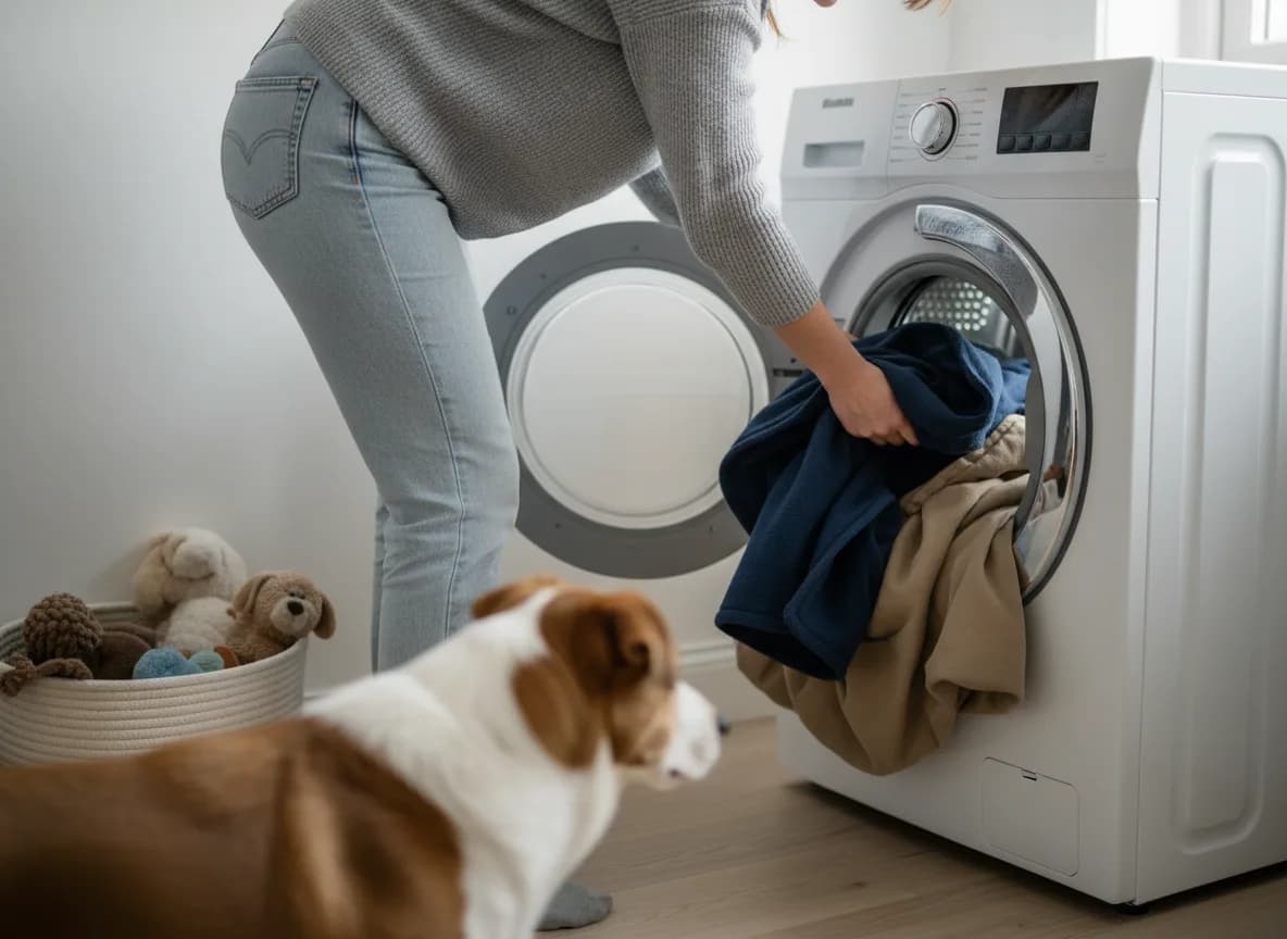 Person loading a navy fleece pet blanket and dog bed cover into a front-loading washing machine while a brown and white dog watches
