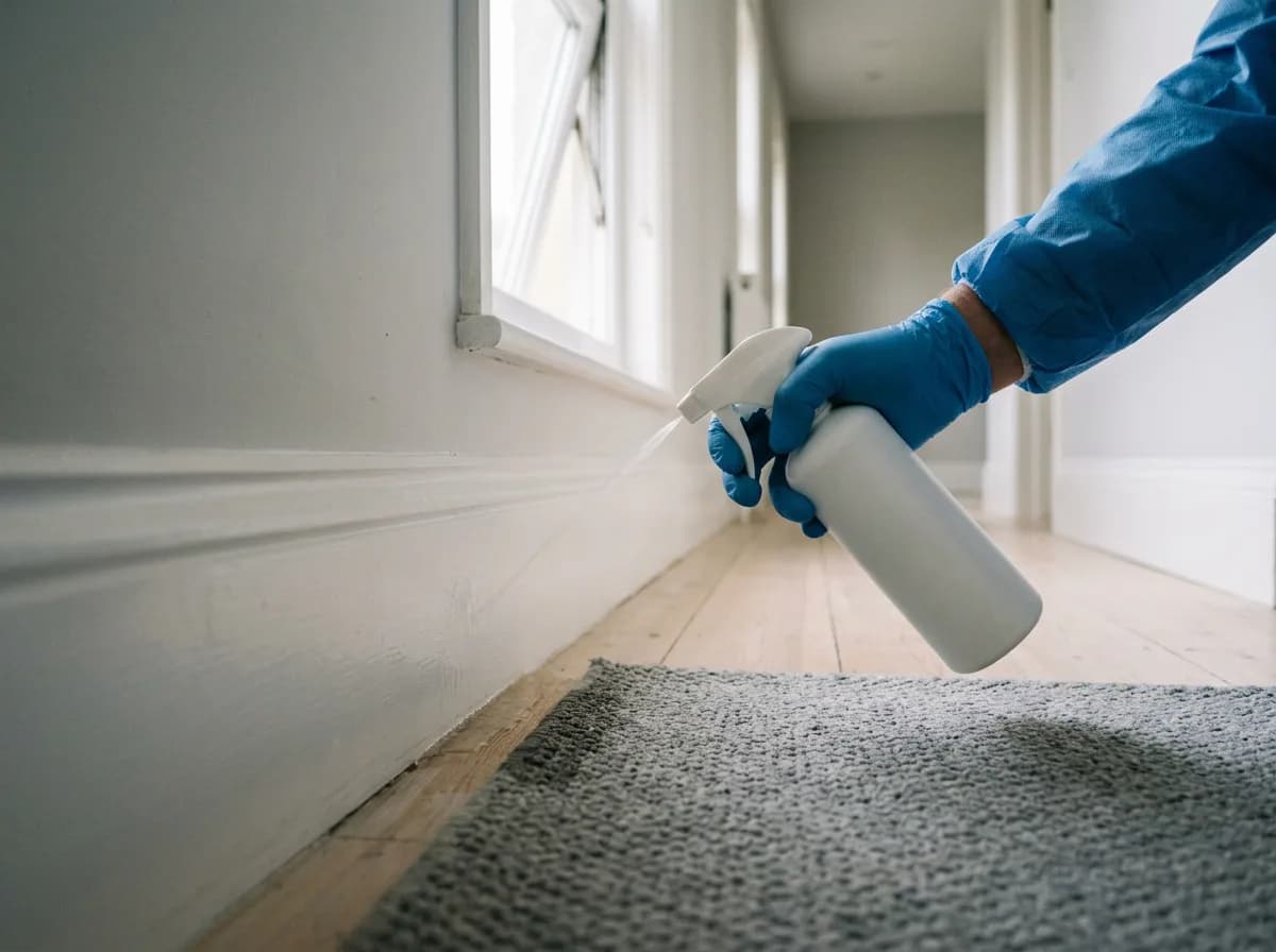 Gloved hand spraying a narrow band along a white baseboard beside a grey rug