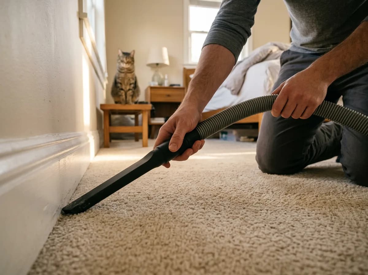Person kneeling to vacuum the carpet edge with a crevice tool while a cat watches