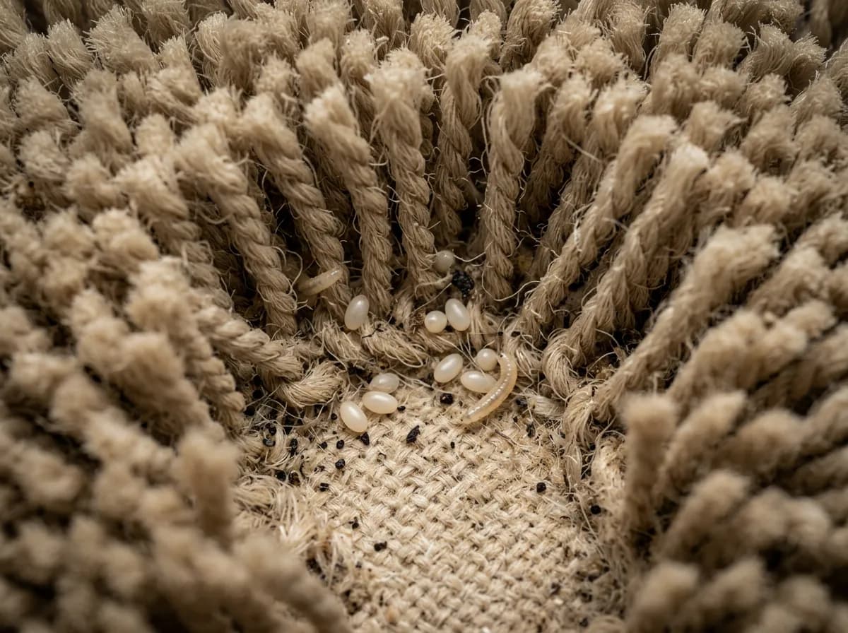 Macro view of pale flea eggs and larvae hidden at the base of carpet fibres