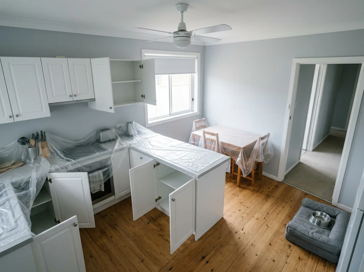 Kitchen prepared for treatment with plastic sheeting, open cupboards and a pet bed removed