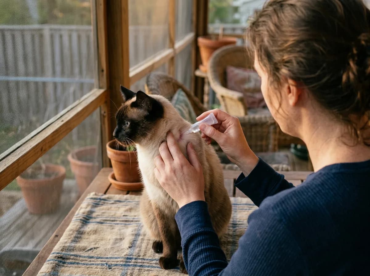 Person applying a spot-on flea treatment from a small pipette to the neck of a seated Siamese cat on a screened porch.