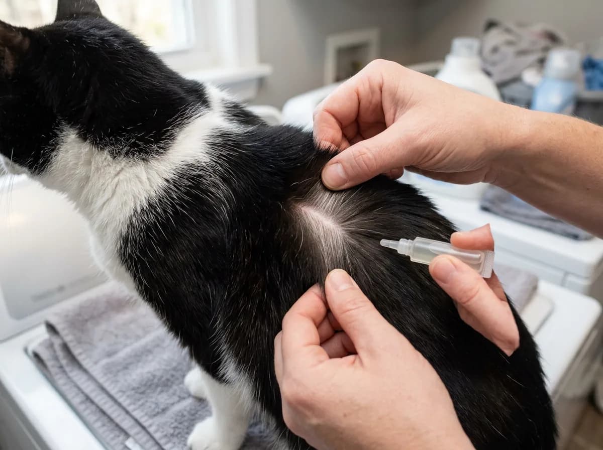 Close-up of hands parting a black and white cat's fur to apply a spot-on flea treatment applicator at the base of its neck.