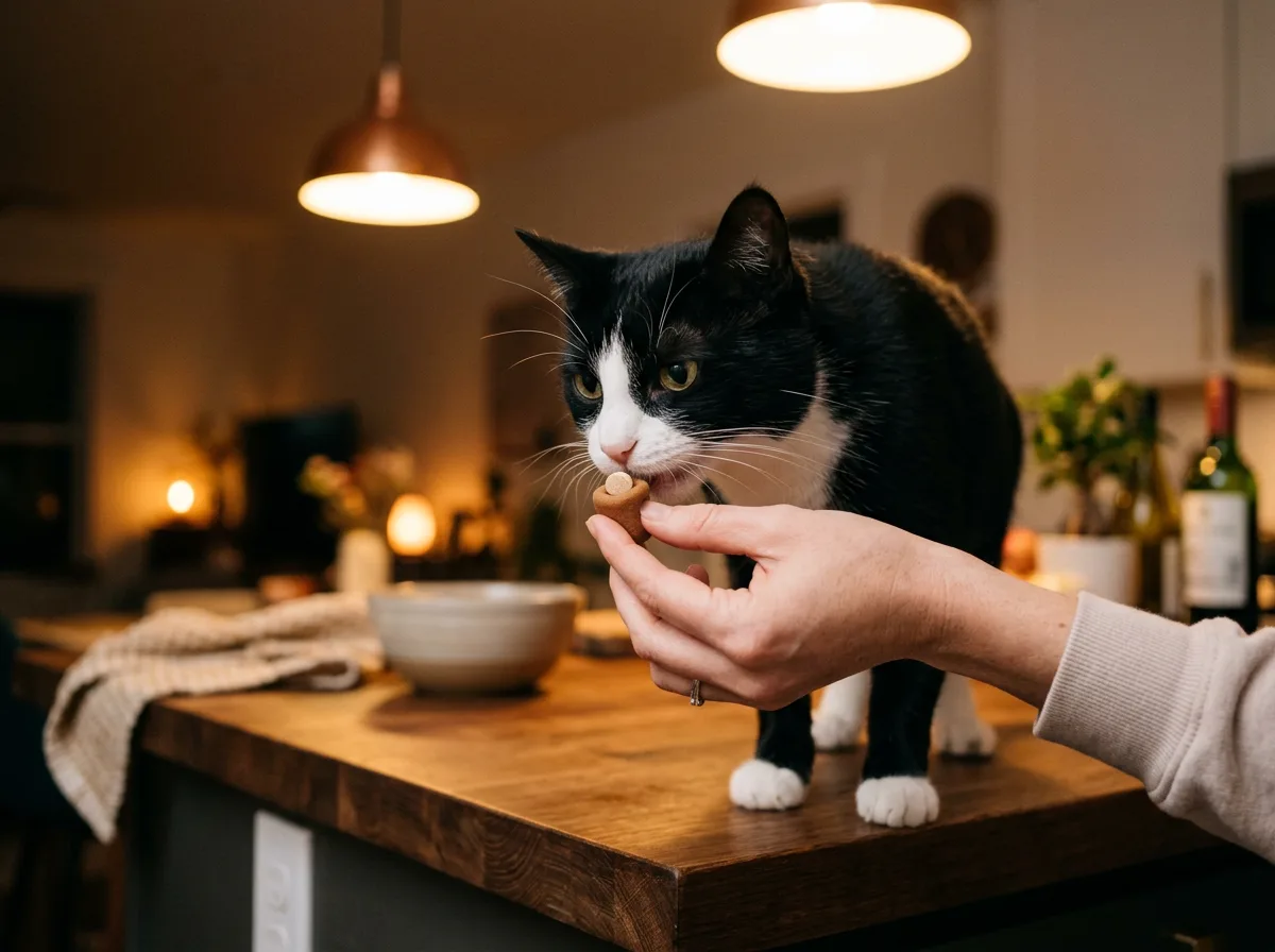 Tuxedo cat on a kitchen counter taking a small round chewable tablet from a person's outstretched hand in a dim room.
