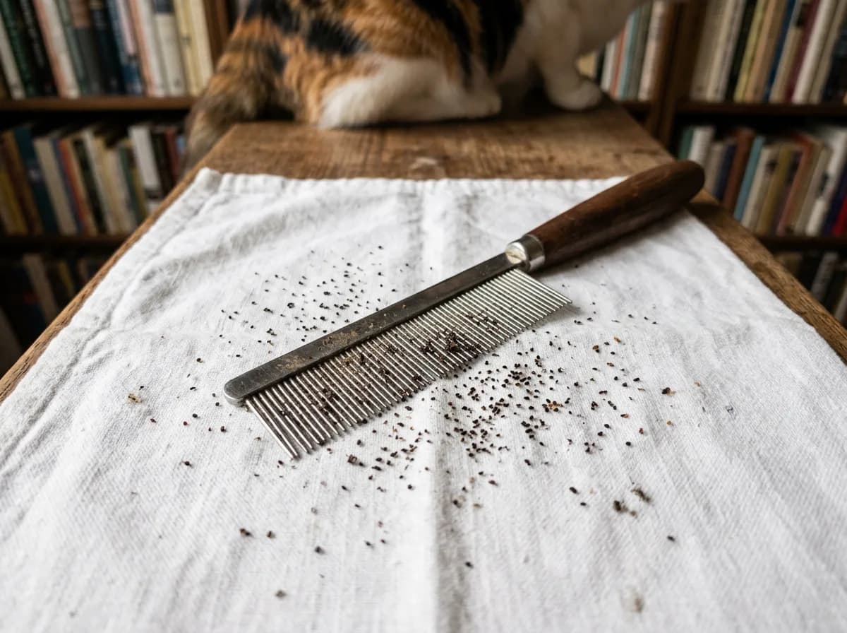 Metal flea comb on a white cloth surrounded by scattered dark flea dirt specks, with a calico cat standing in the background.