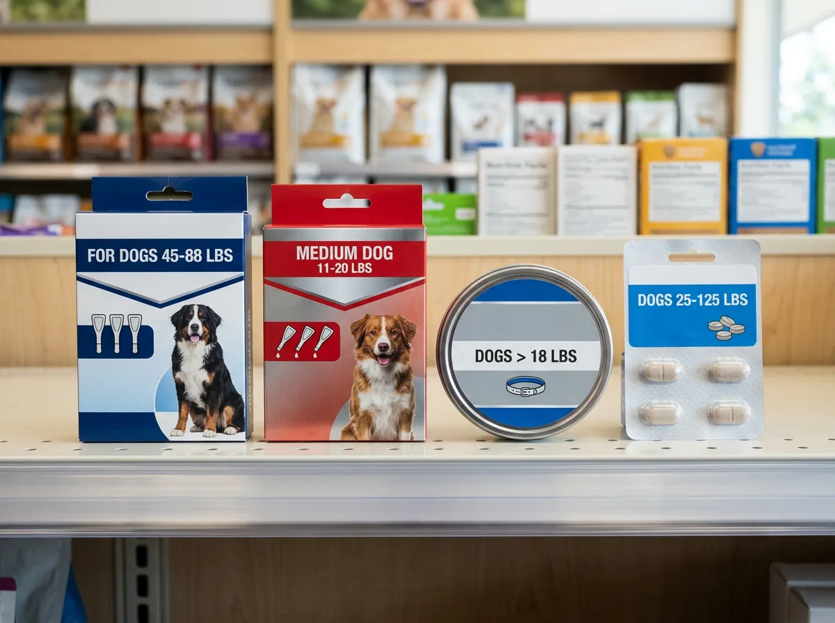 Over the counter dog flea medicine products on a store shelf, including a spot-on topical box, a flea and tick collar tin, and a fast-acting flea tablet blister with weight band labels