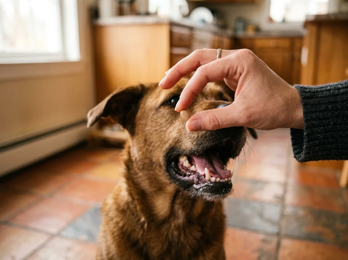 Owner giving a medium brown dog an over-the-counter oral flea pill by hand at home