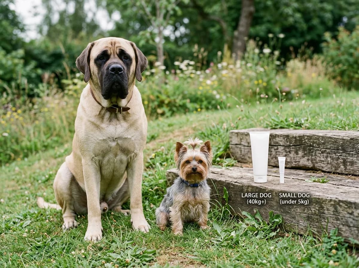 A large dog and a small dog beside two different weight sized flea treatment applicators, showing how OTC flea medicine is dosed by a dog's size