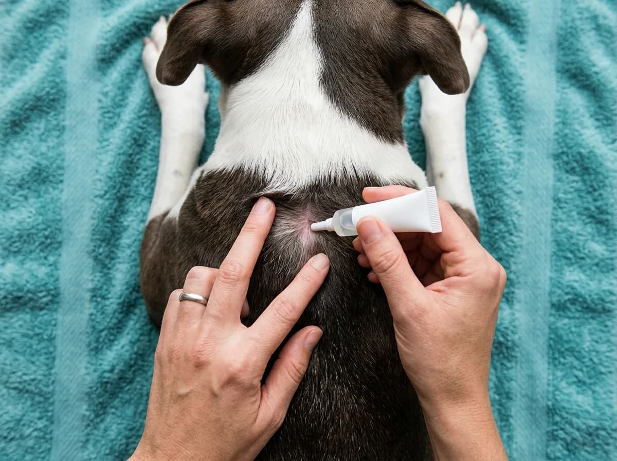 Topical flea medicine being applied to the parted fur between a dog's shoulder blades, shown from above