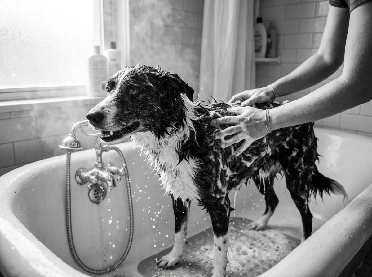 A black and white dog getting a dish soap bath in a tub as a home flea remedy