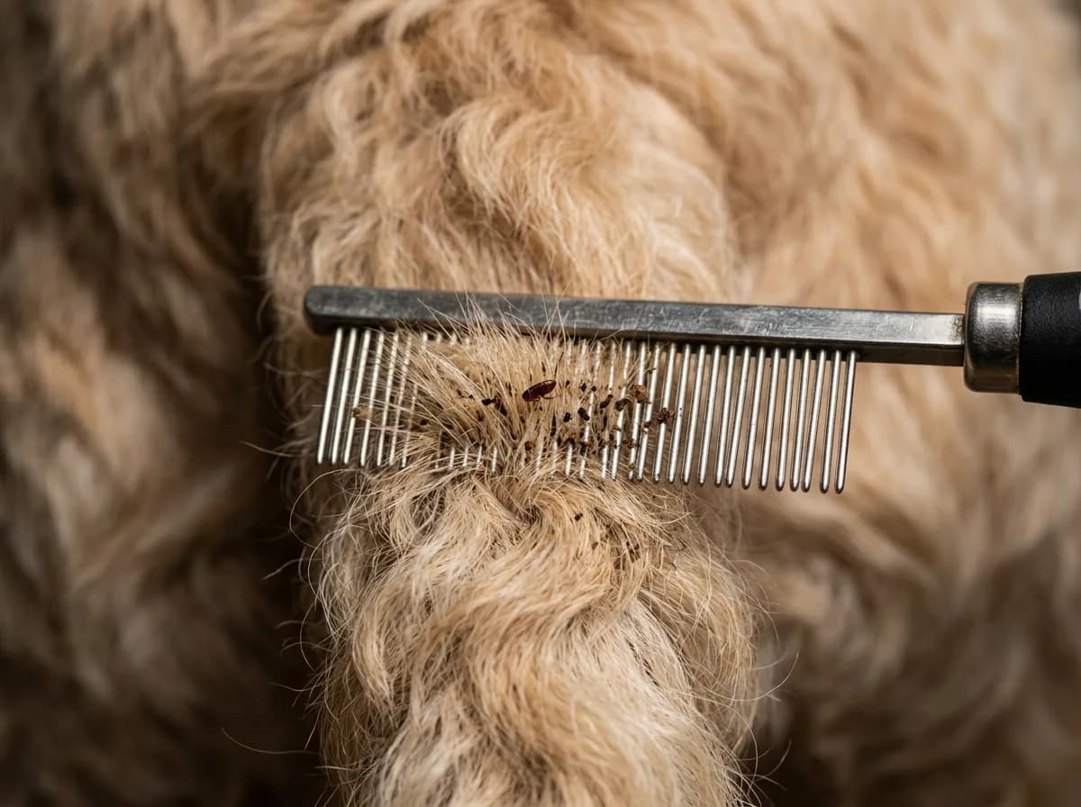 A metal flea comb pulling fleas from the fur near a tan dog's tail base in close-up