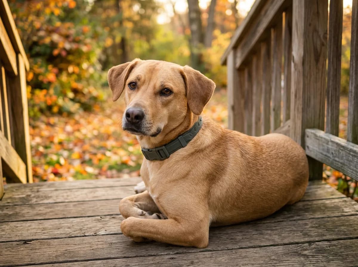 A tan dog wearing a long lasting flea and tick collar resting on a porch in golden afternoon light