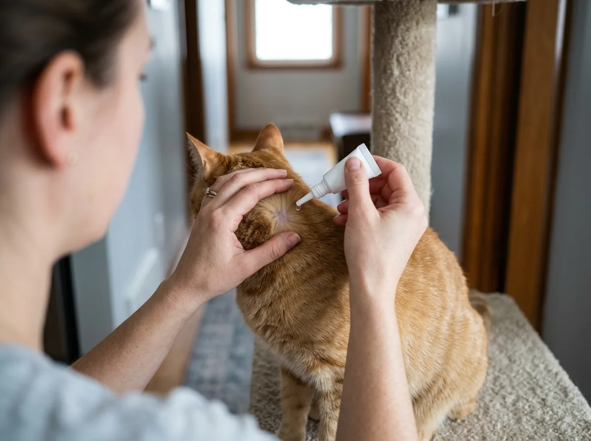 A person parts an orange tabby cat's fur and applies liquid spot-on flea treatment from a white tube to the skin between its shoulders.