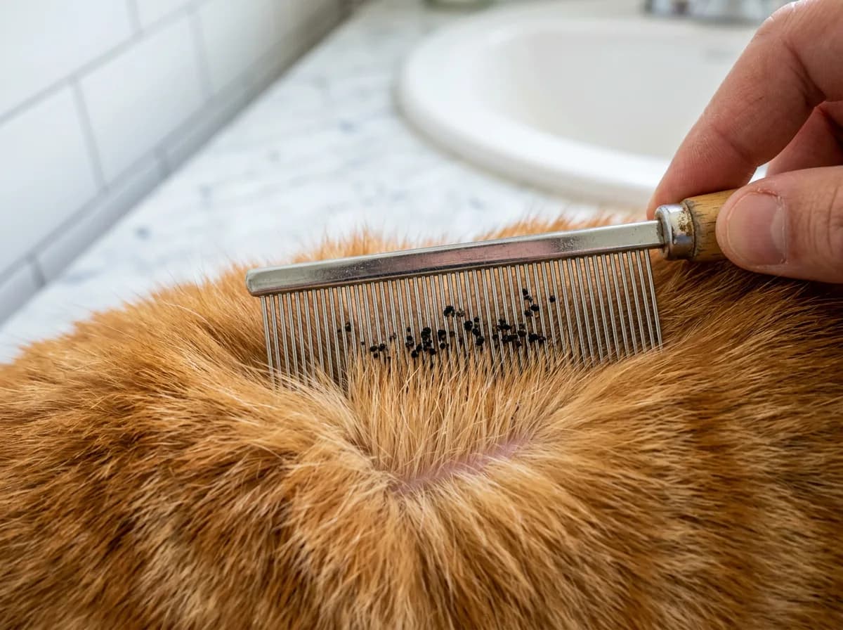 A fine-toothed metal comb pulls through ginger cat fur, collecting small black flea-dirt specks in its teeth above a bathroom sink.