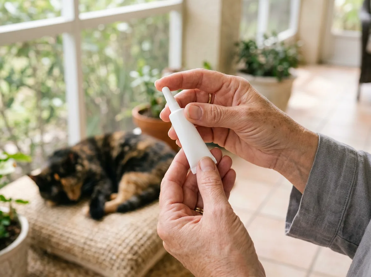 Two hands hold a plain white spot-on treatment applicator while a tortoiseshell cat rests on a stool in the background.