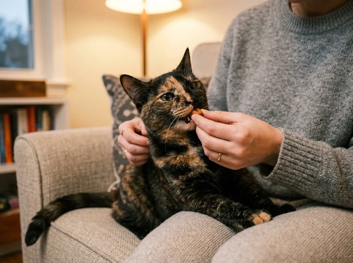 A tortoiseshell cat sitting on a chair takes a small treat or pill offered by a person in a gray sweater.