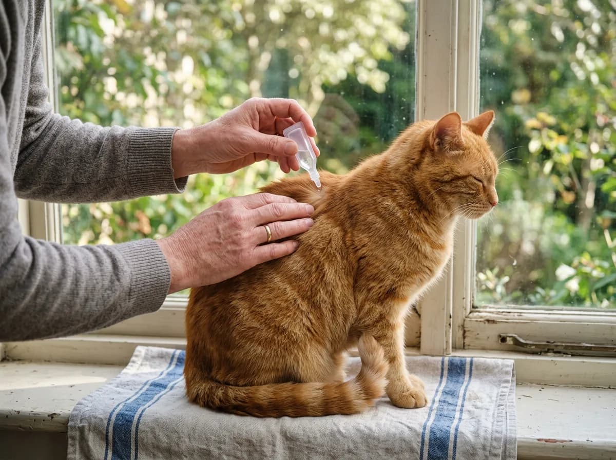 An owner applies a plain spot-on applicator between the shoulder blades of a calm orange tabby cat on a sunroom windowsill