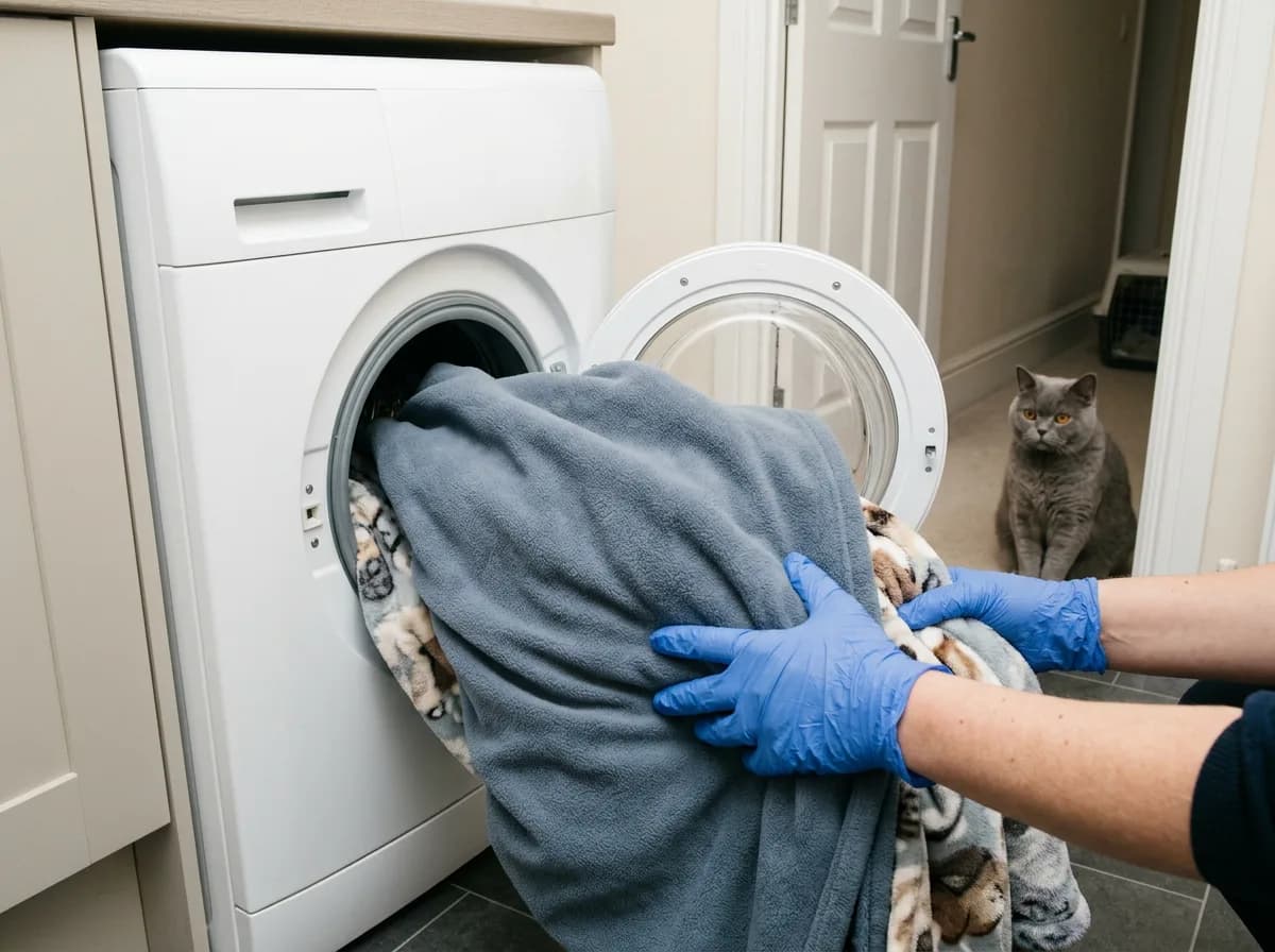 Gloved hands load soft cat bedding into a plain washing drum while a grey shorthair cat watches from a doorway
