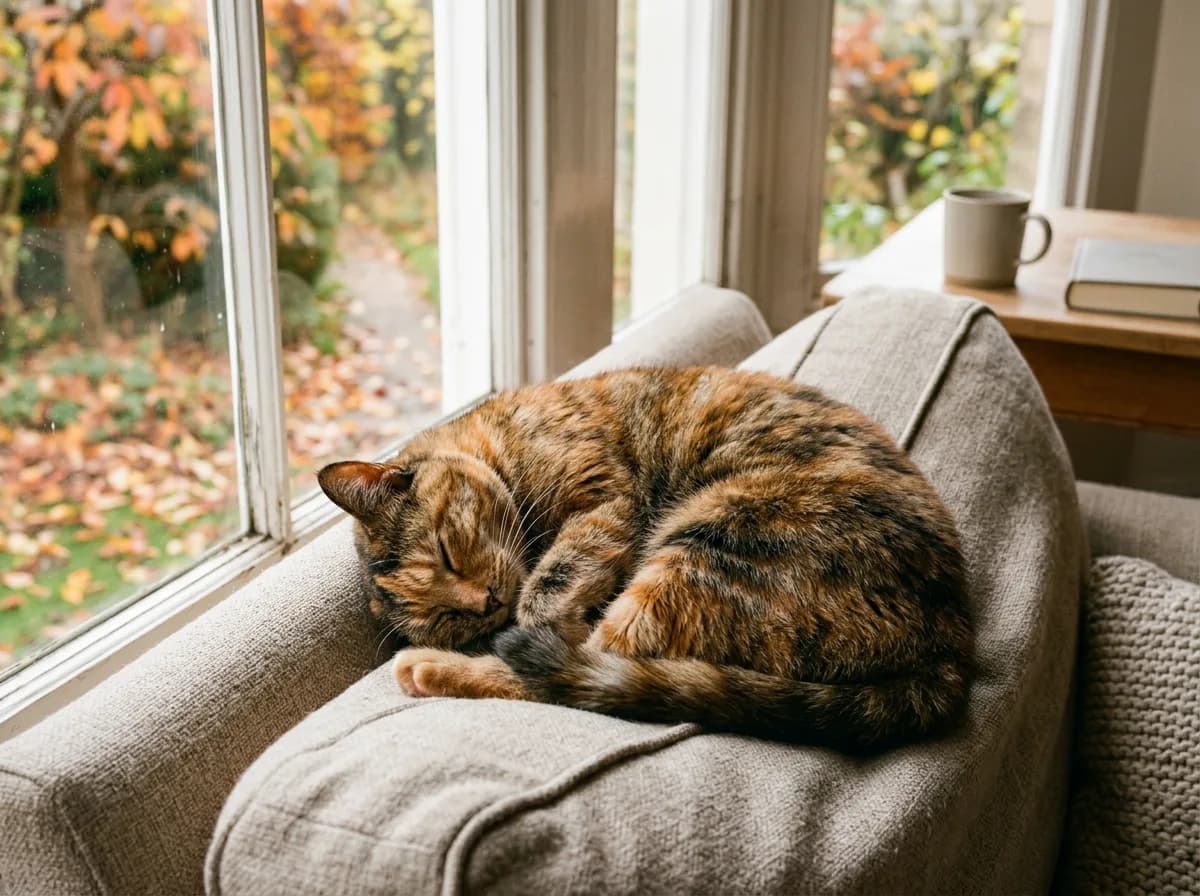 A content tortoiseshell cat curls on a fabric armchair beside a bright window with autumn leaves visible outside