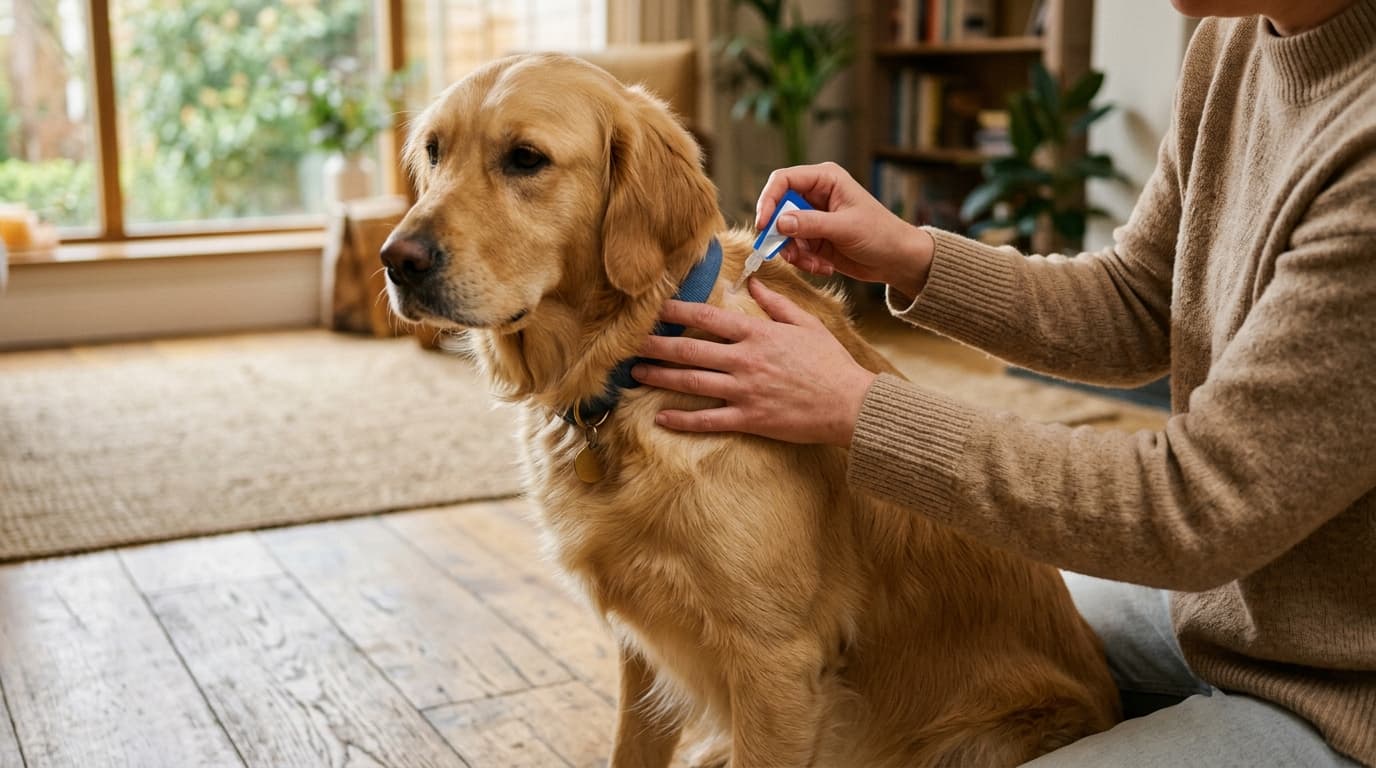 A person applying a topical spot-on flea treatment between the shoulder blades of a calm golden retriever at home