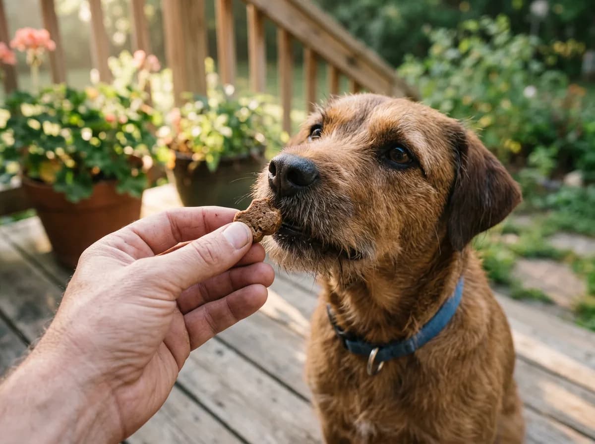 A dog taking a flavored oral flea treatment chew from its owner's hand on a sunlit porch step
