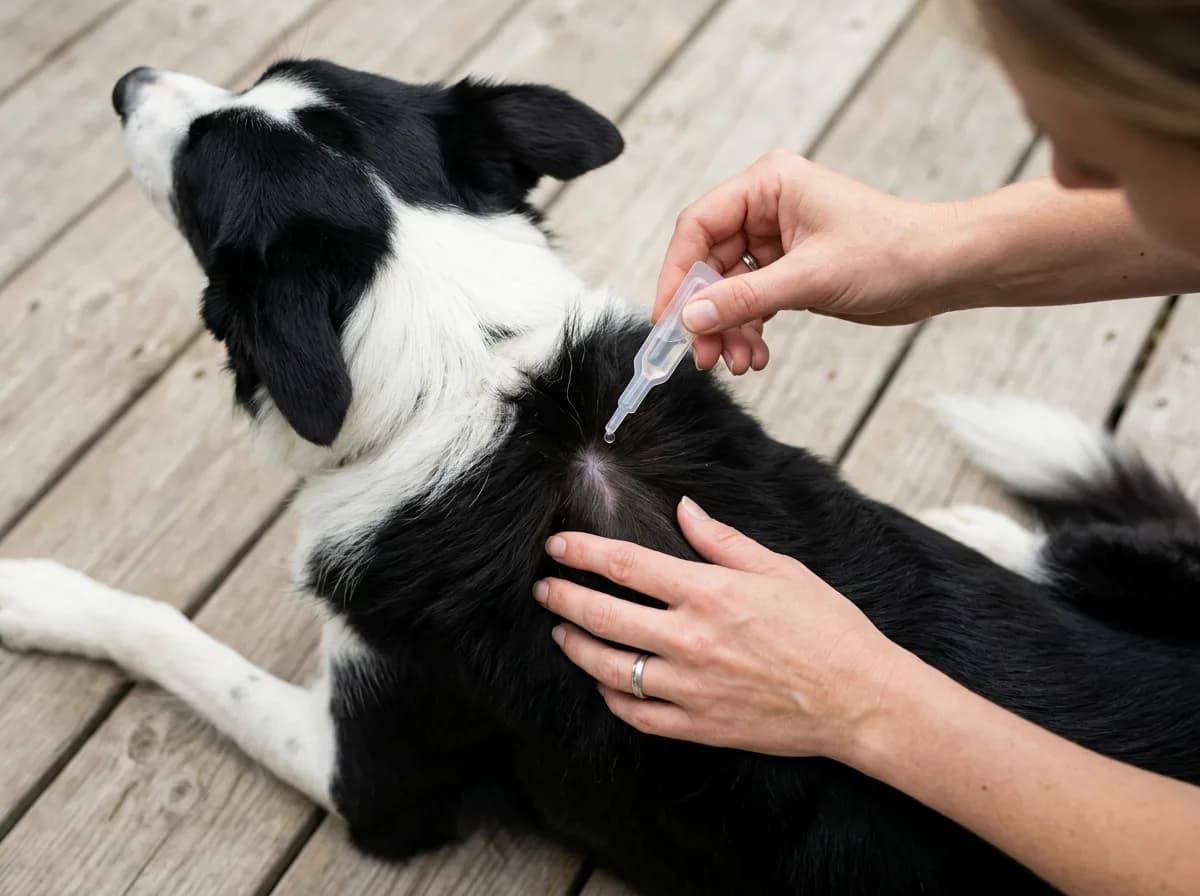 Owner parting a border collie's fur to apply a topical spot-on flea treatment to the skin between the shoulder blades