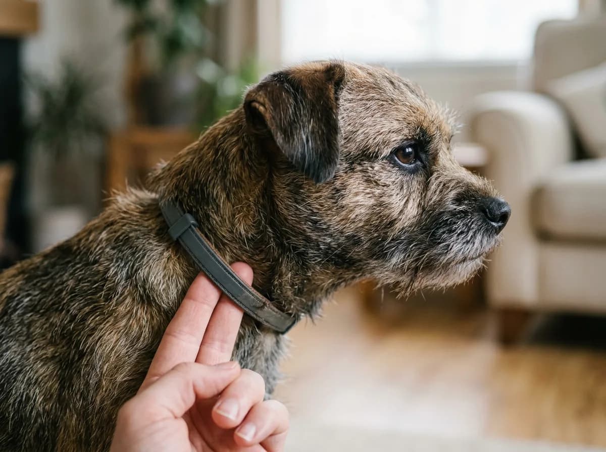 A terrier wearing a flea and tick collar with two fingers slipped underneath to check the fit