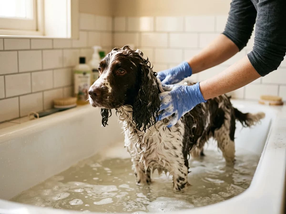 A spaniel being bathed in soapy water as a quick at-home flea first-aid step
