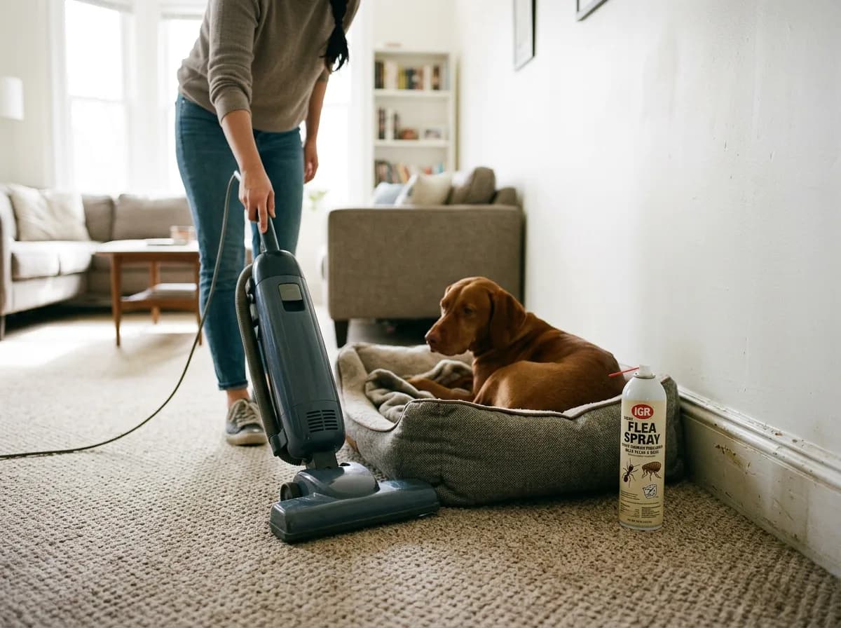 Vacuuming carpet next to a dog bed and baseboard with a home flea spray nearby to treat the environment