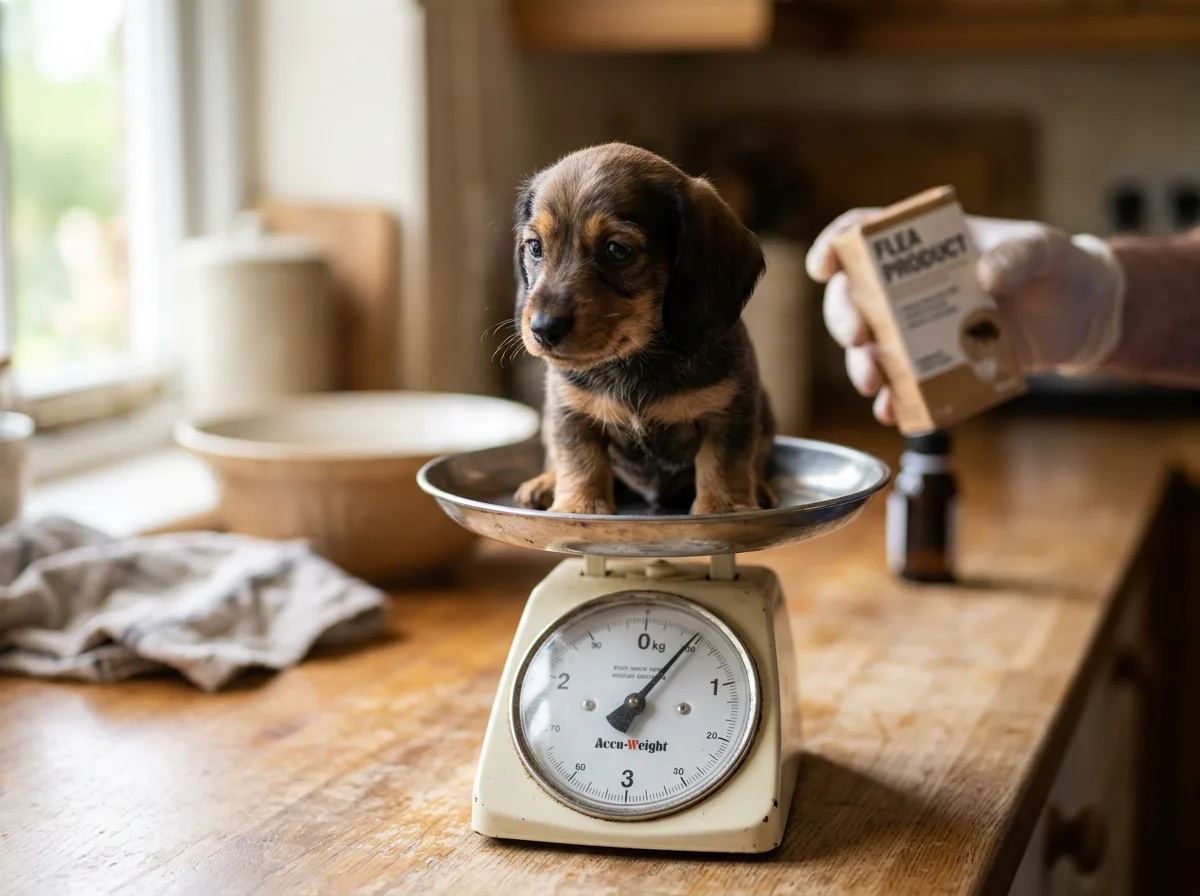 A young puppy being weighed on a scale before choosing a weight-appropriate flea treatment