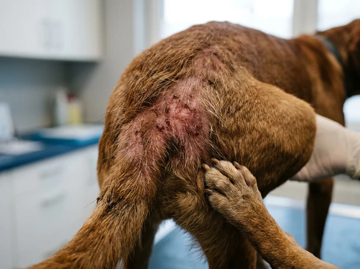 Close-up of red irritated skin and hair loss over a dog's tail base from flea allergy dermatitis