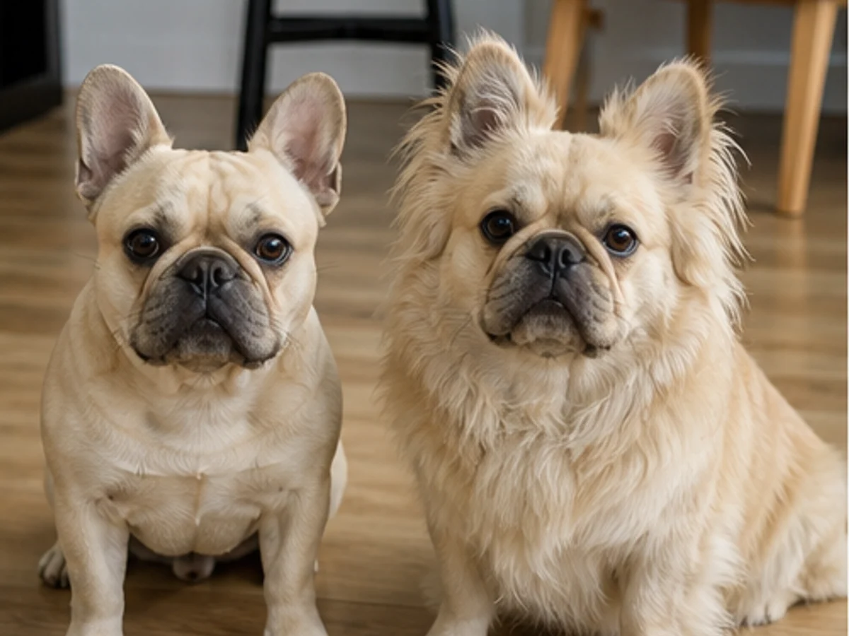 Short-coated and fluffy French Bulldogs side by side with similar color and body type