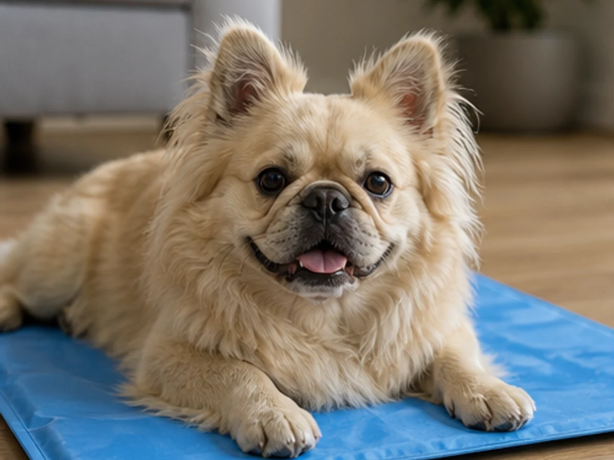 Fluffy French Bulldog resting on a cooling mat indoors