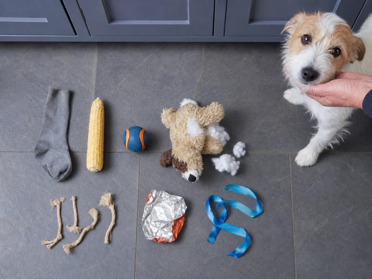 Common dangerous household objects dogs may swallow, including a sock, corn cob, ball, torn toy, rope, wrapper and ribbon